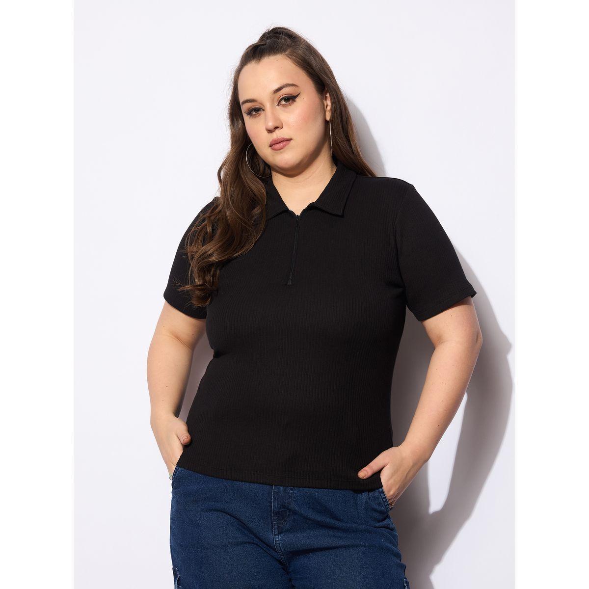 Sassafras Plus Size Rib Front Zipper Polo Neck Top-women-clothing-tshirts-image-6