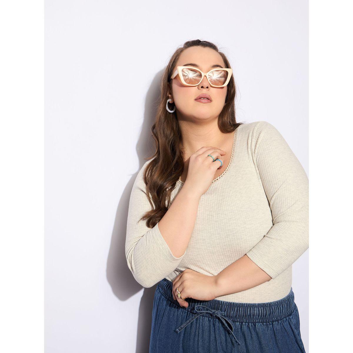 بلوزة ميلانج بمقاس كبير وياقة دائرية مع دانتيل-women-clothing-shirtsandblouses-blouses-image-6