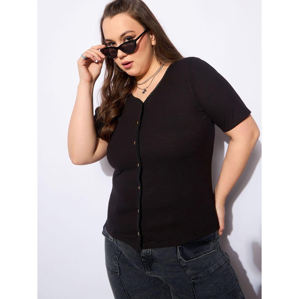 Sassafras Plus Size V-Neck Buttoned Short Sleeve Top-women-clothing-shirtsandblouses-blouses-image-1