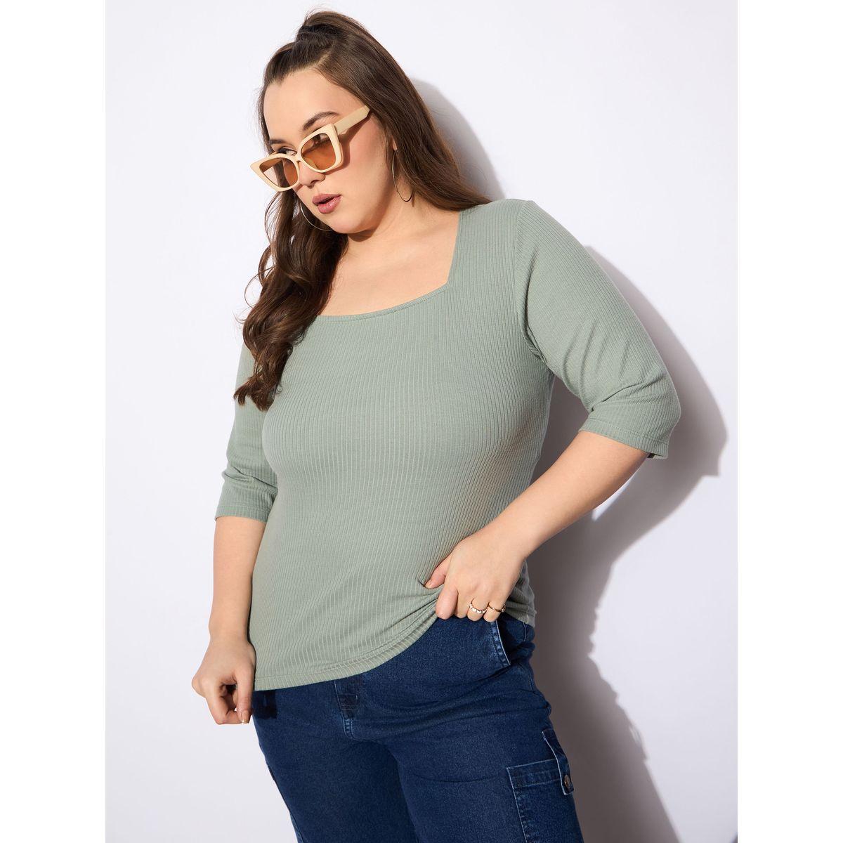 بلوزة بمقاس كبير وتفاصيل مضلعة مع ياقة مربعة-women-clothing-shirtsandblouses-blouses-image-1