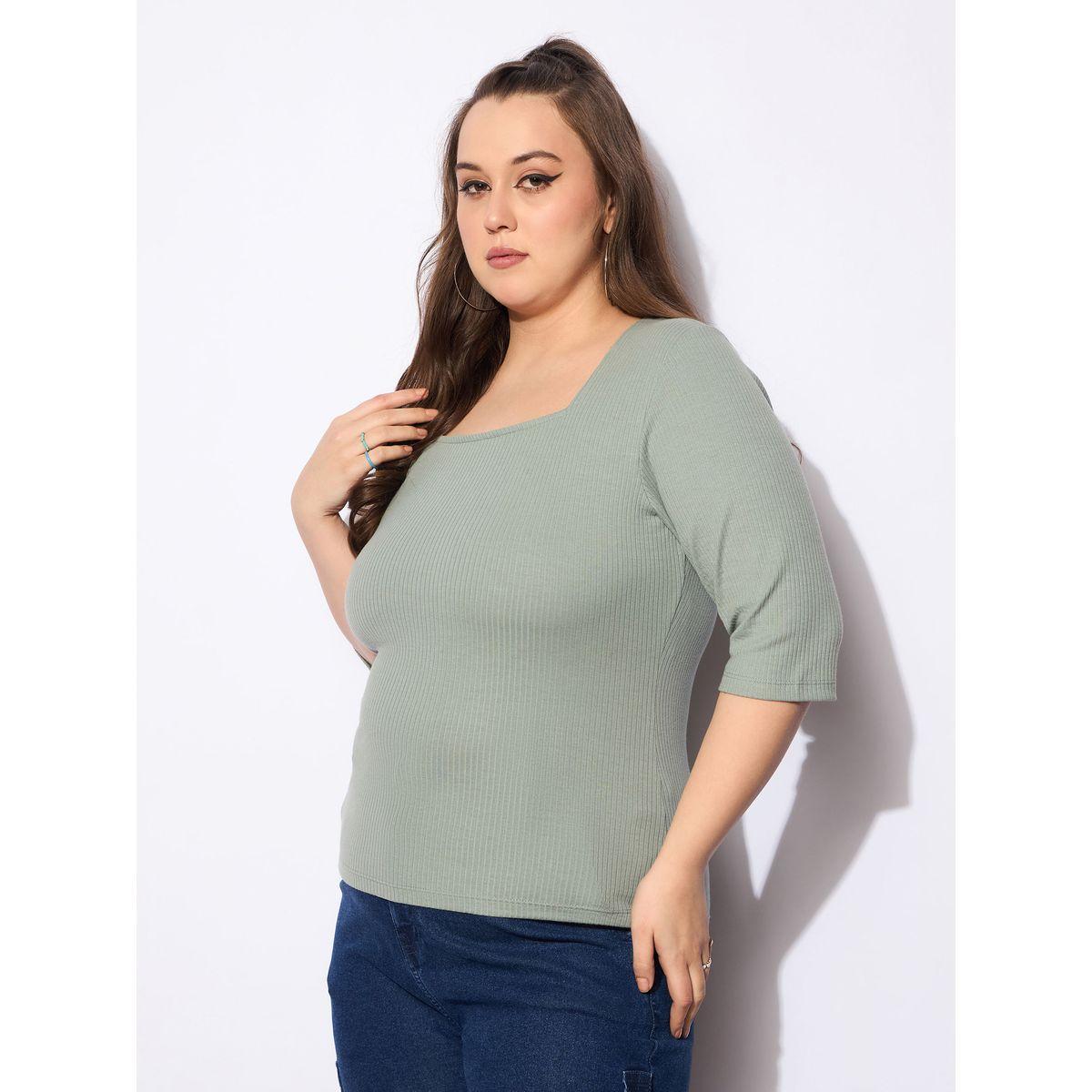 بلوزة بمقاس كبير وتفاصيل مضلعة مع ياقة مربعة-women-clothing-shirtsandblouses-blouses-image-3