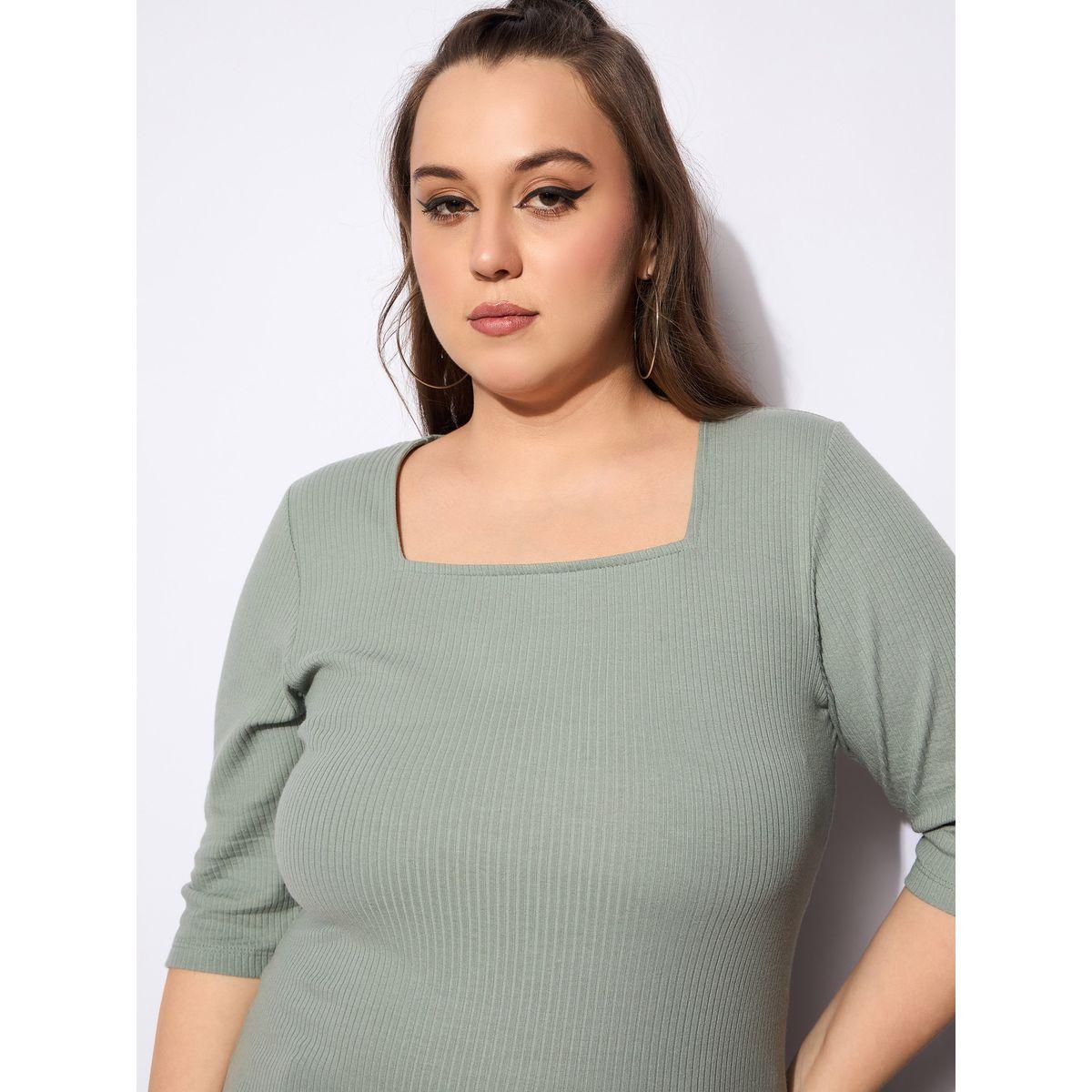 بلوزة بمقاس كبير وتفاصيل مضلعة مع ياقة مربعة-women-clothing-shirtsandblouses-blouses-image-4
