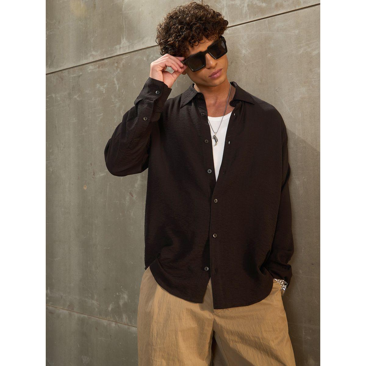 بلوزة سادة بقصة مريحة وأكمام طويلة-men-clothing-shirts-image-8