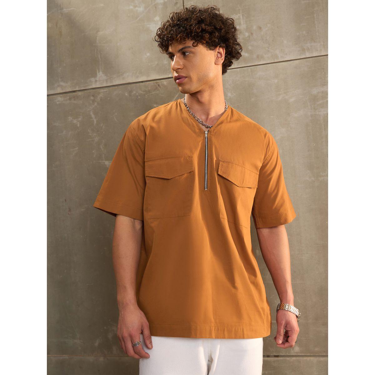 قميص ساسافراس براون بوبلين بسحاب أمامي وضيق للراحة-men-clothing-shirts-image-1
