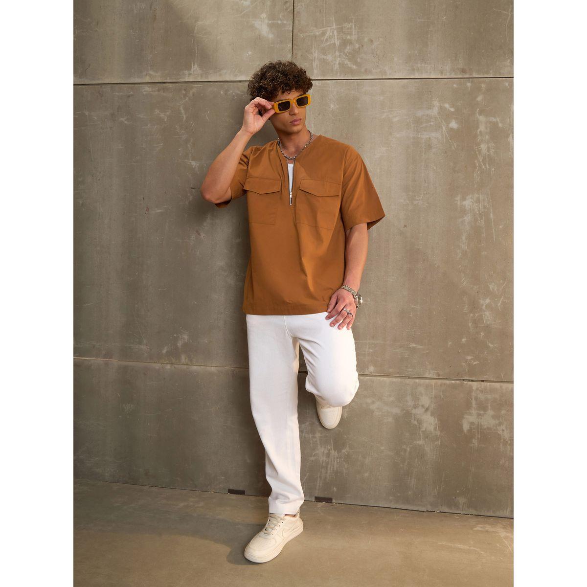 قميص ساسافراس براون بوبلين بسحاب أمامي وضيق للراحة-men-clothing-shirts-image-2