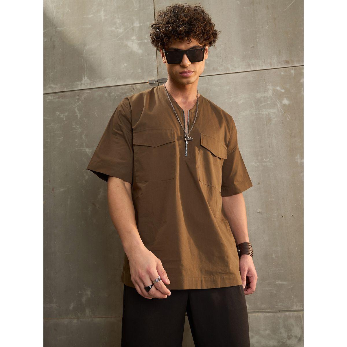 Sassafras Solid V Neck Zip Front Poplin Relaxed Fit Shirt-men-clothing-shirts-image-1