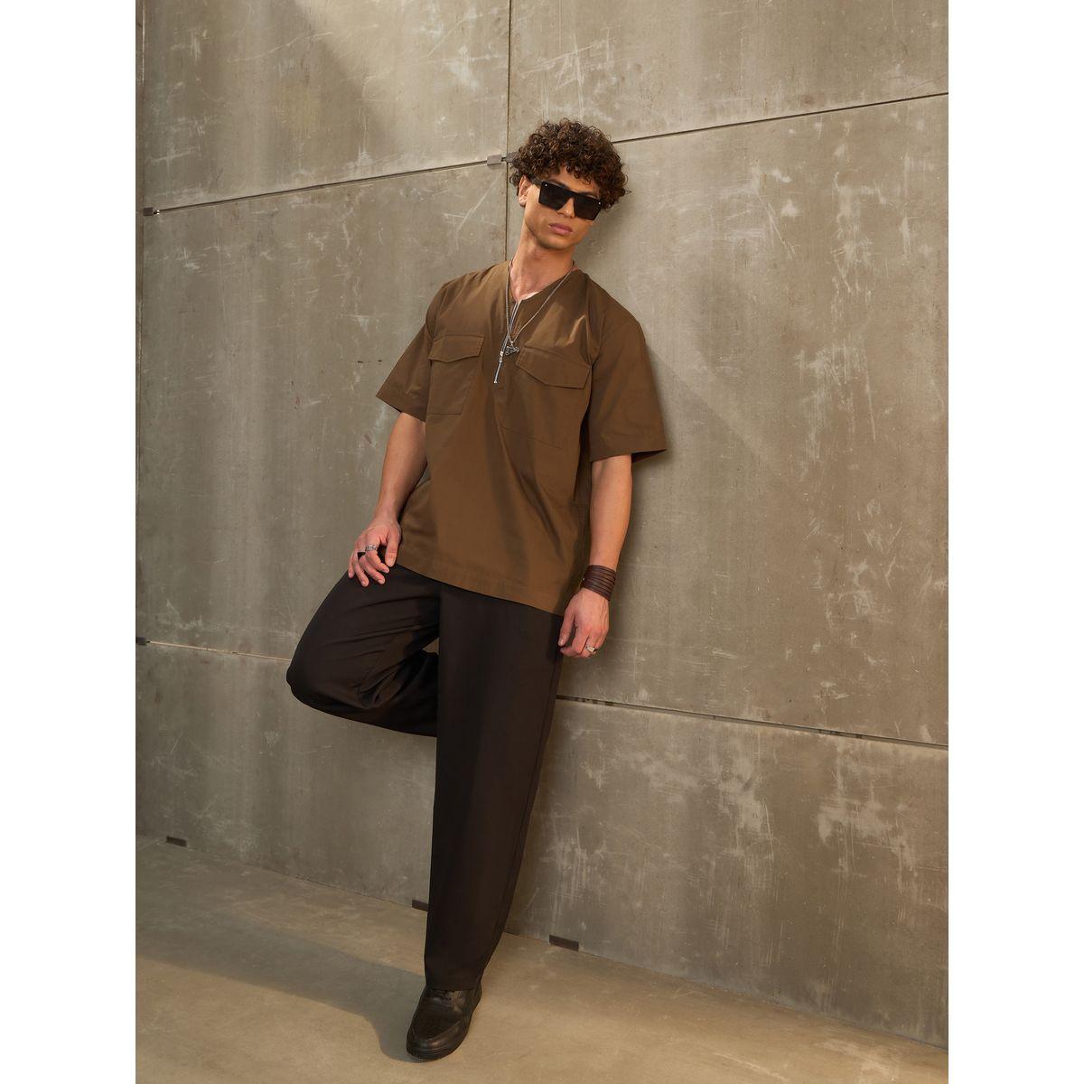 Sassafras Solid V Neck Zip Front Poplin Relaxed Fit Shirt-men-clothing-shirts-image-2