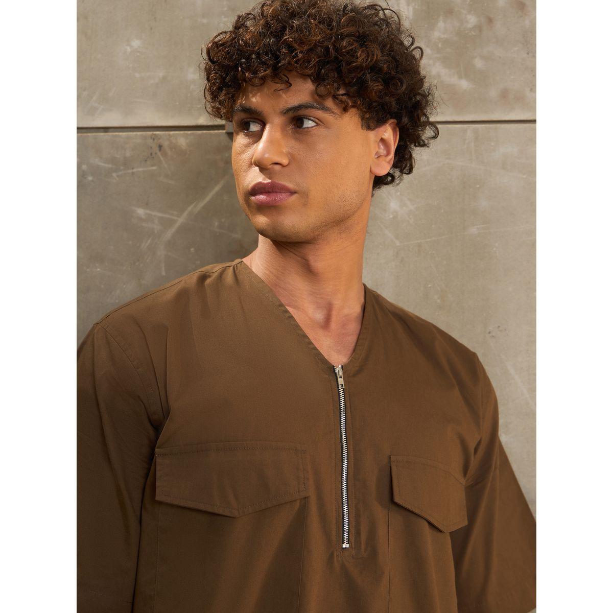 Sassafras Solid V Neck Zip Front Poplin Relaxed Fit Shirt-men-clothing-shirts-image-4