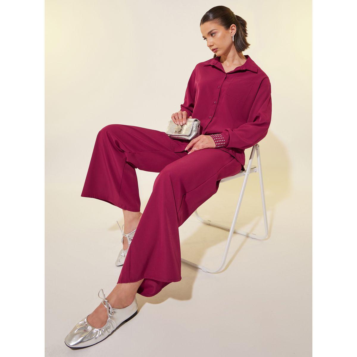 Styli Rhinestone Embellished Cuff Long Sleeve Shirt and Pants Co-Ords-women-clothing-coordsets-image-1
