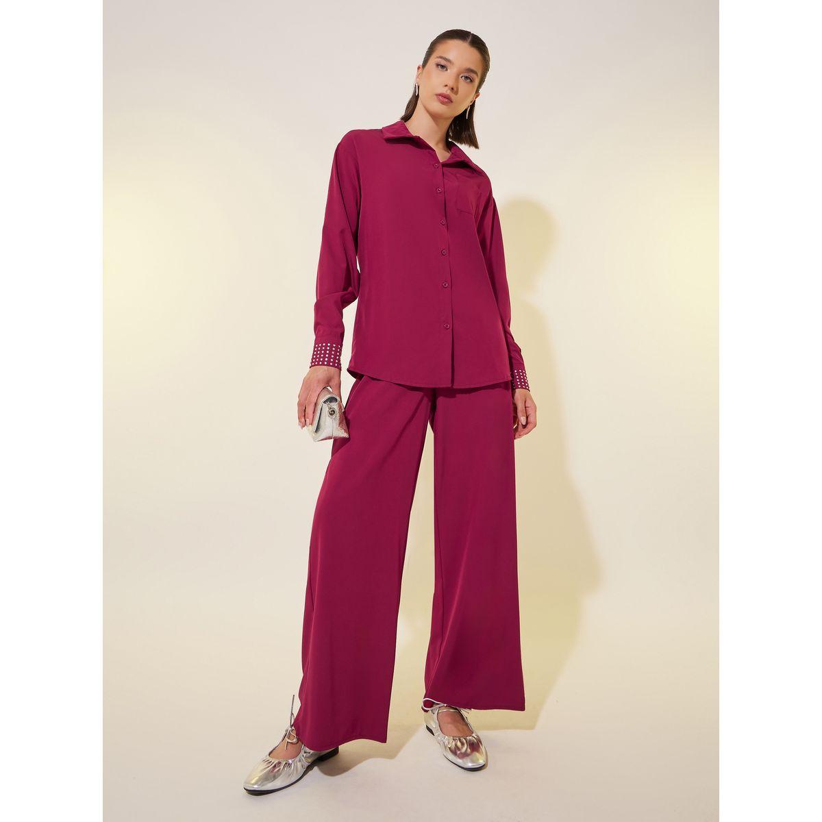 Styli Rhinestone Embellished Cuff Long Sleeve Shirt and Pants Co-Ords-women-clothing-coordsets-image-2