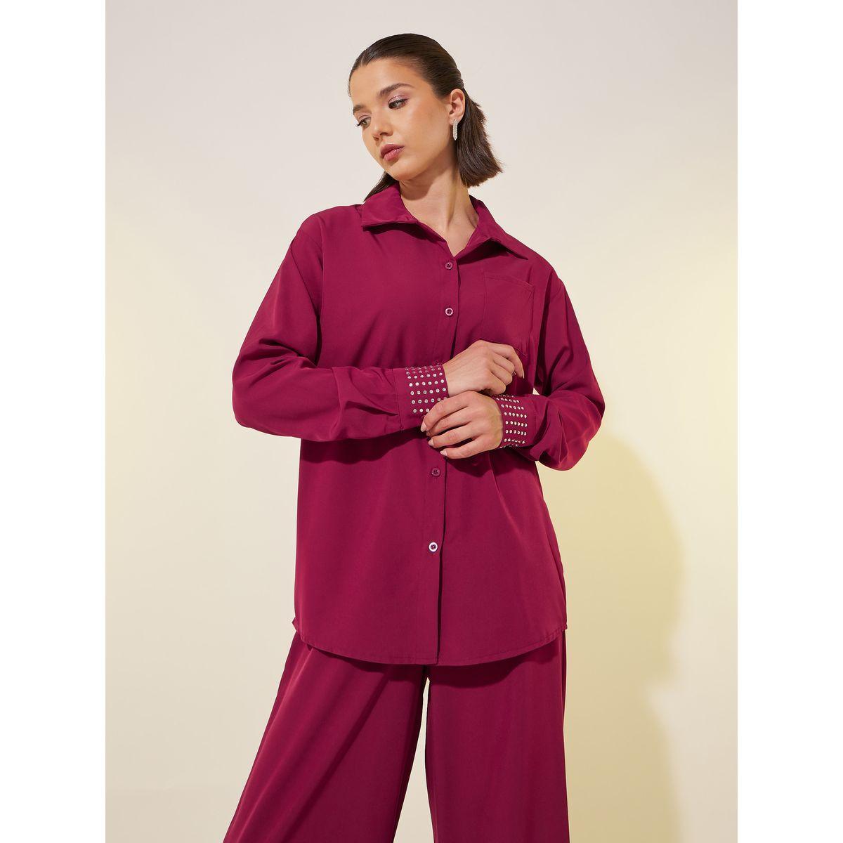 Styli Rhinestone Embellished Cuff Long Sleeve Shirt and Pants Co-Ords-women-clothing-coordsets-image-3