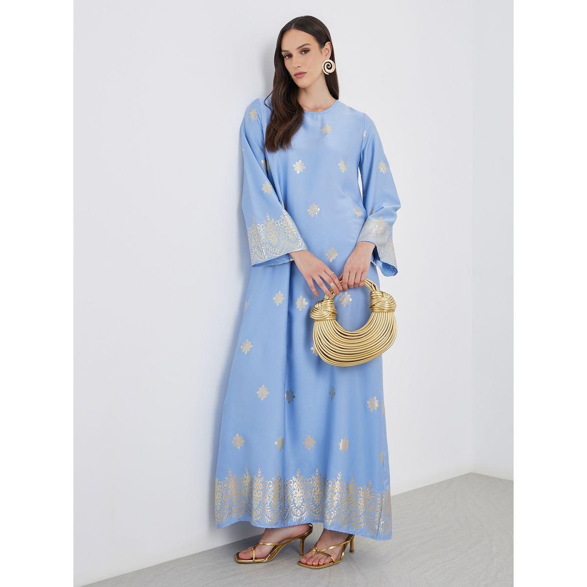جلابية بطبعة فويل لامعة بياقة دائرية-women-arabicclothing-jalabiyas-image-1