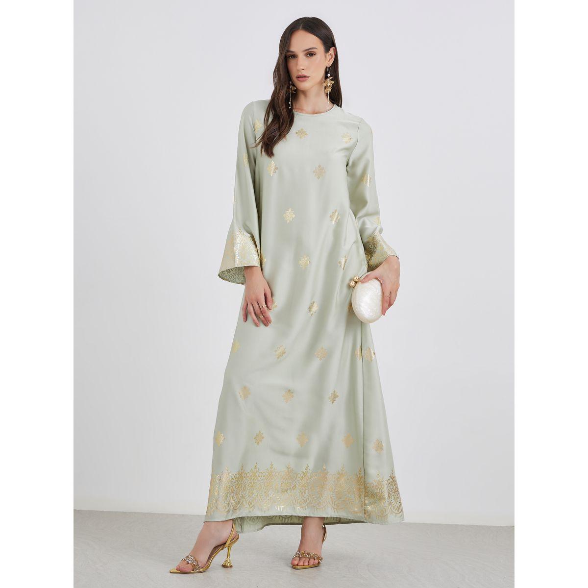 Styli Women Green Foil Print Round Neck Jalabiya-women-arabicclothing-jalabiyas-image-1
