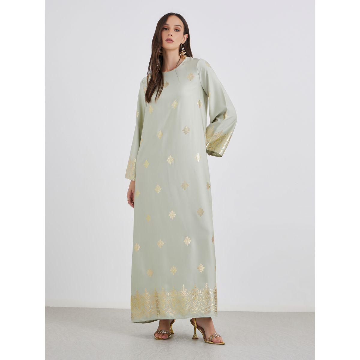 Styli Women Green Foil Print Round Neck Jalabiya-women-arabicclothing-jalabiyas-image-2