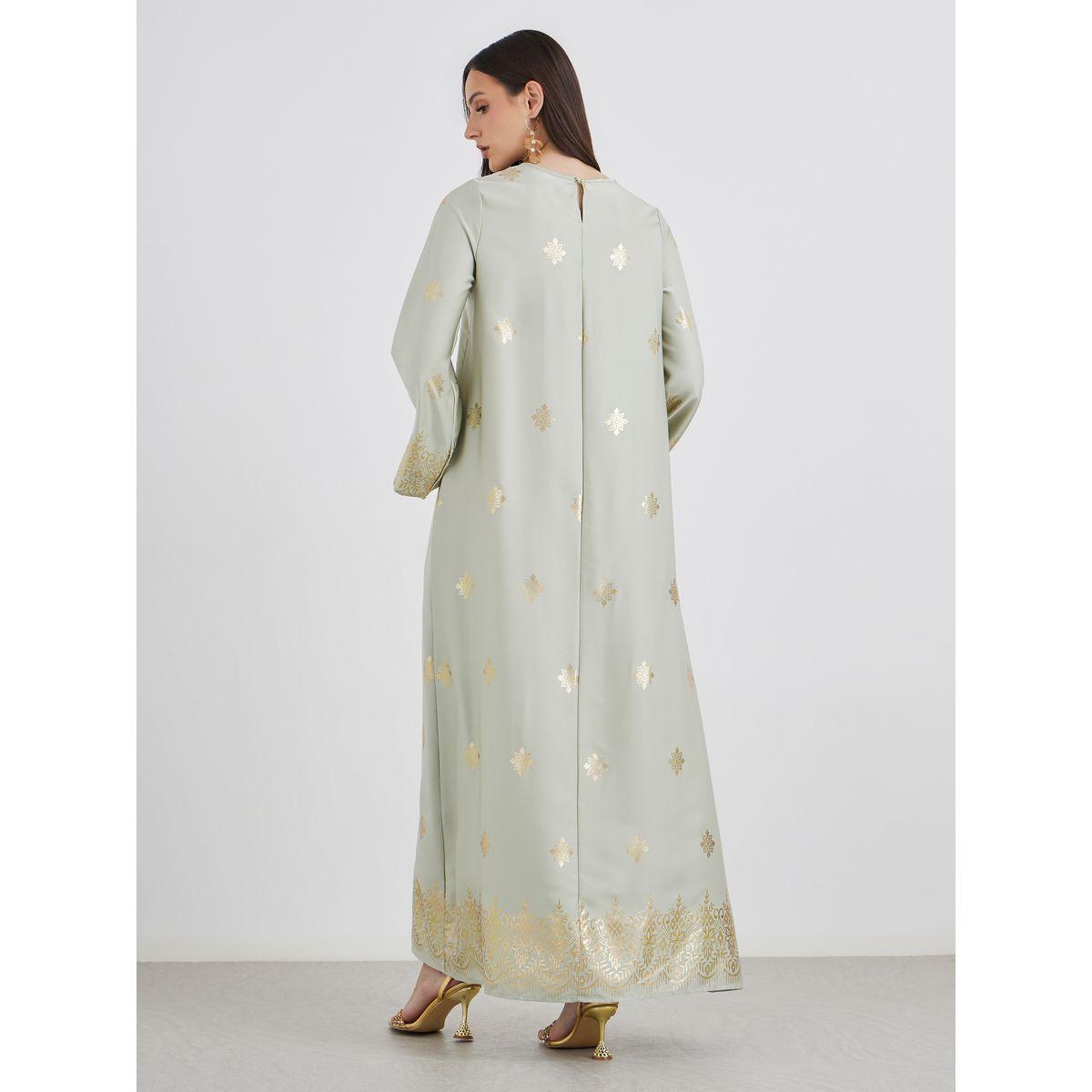 Styli Women Green Foil Print Round Neck Jalabiya-women-arabicclothing-jalabiyas-image-5