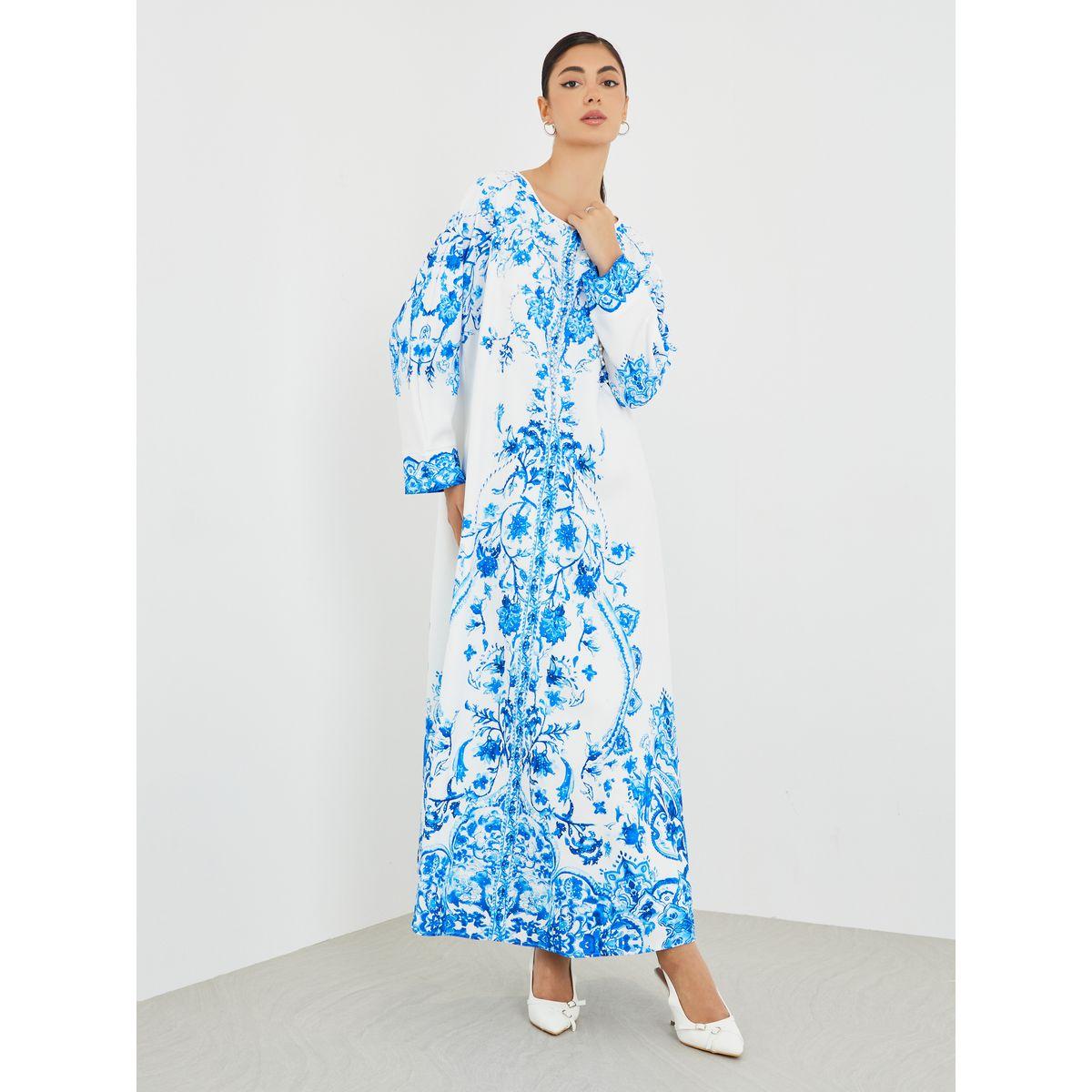 Amirah X Styli Placement Print V-Neck A-Line Jalabiya-women-arabicclothing-jalabiyas-image-1