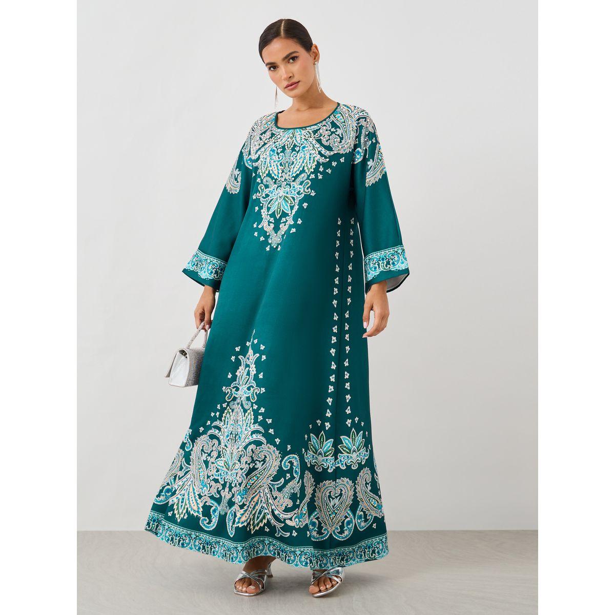 Amirah X Styli Paisley Placement Print Round Neck Jalabiya-women-arabicclothing-jalabiyas-image-1