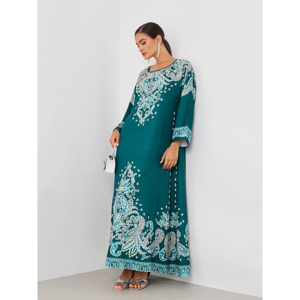 Amirah X Styli Paisley Placement Print Round Neck Jalabiya-women-arabicclothing-jalabiyas-image-2