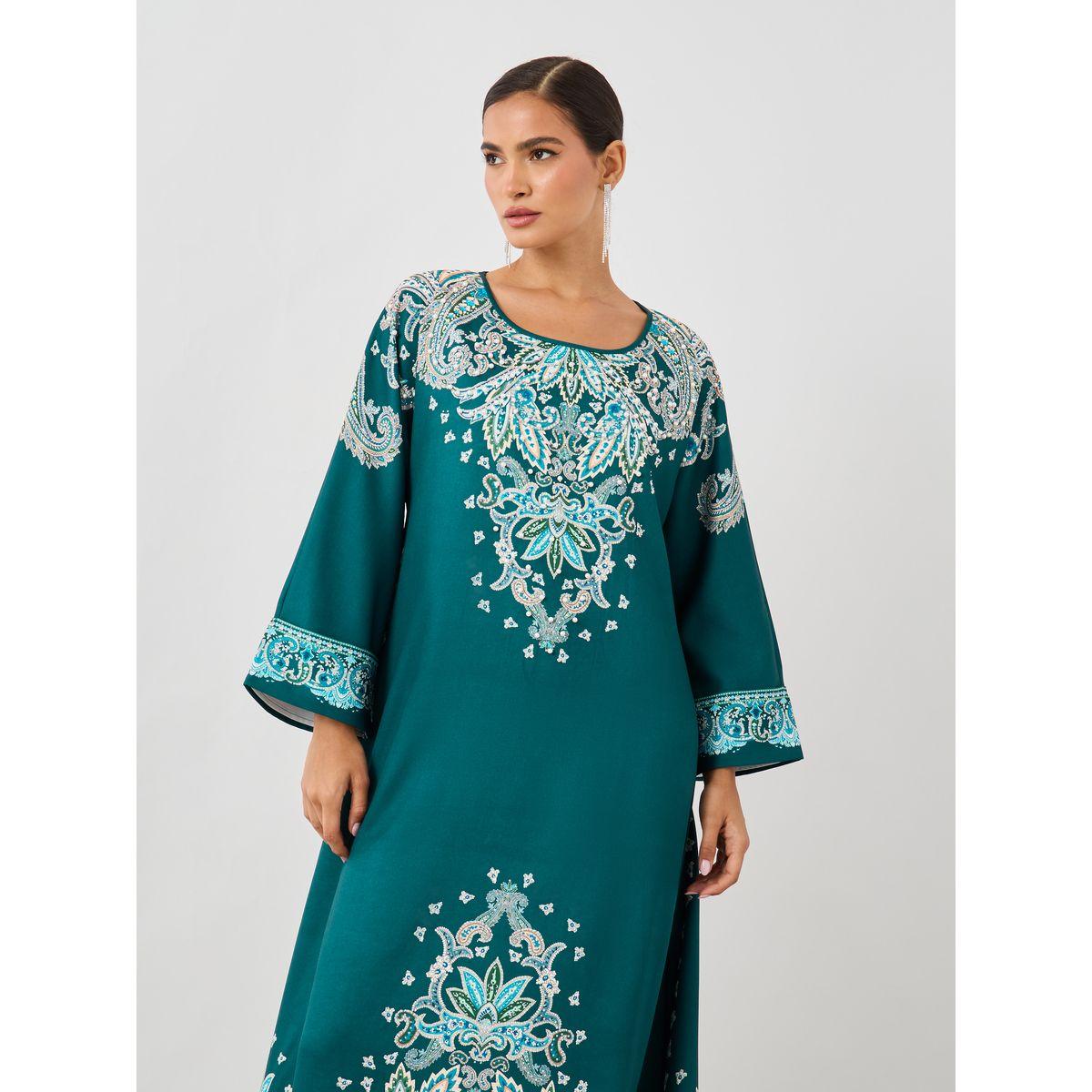 Amirah X Styli Paisley Placement Print Round Neck Jalabiya-women-arabicclothing-jalabiyas-image-3