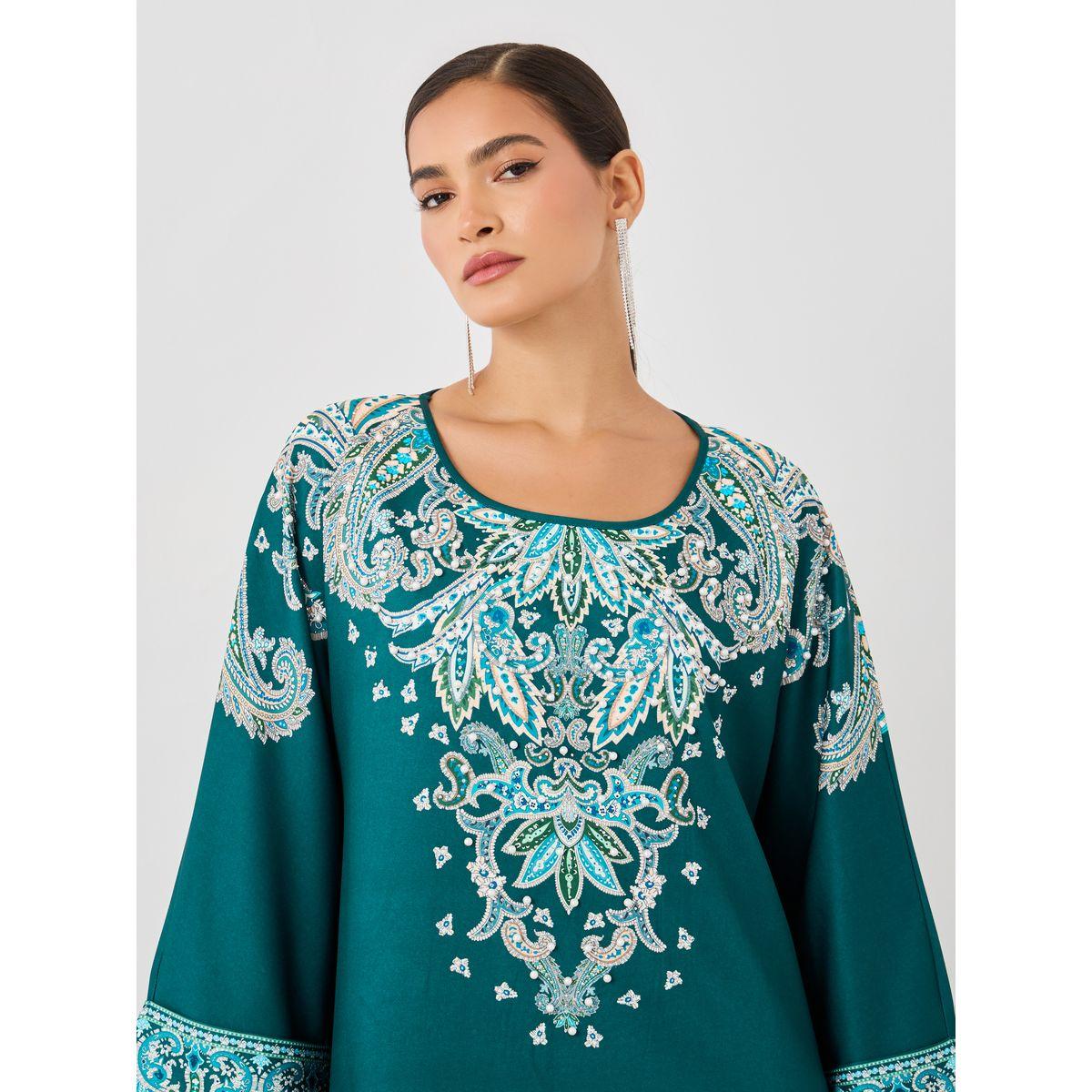 Amirah X Styli Paisley Placement Print Round Neck Jalabiya-women-arabicclothing-jalabiyas-image-4