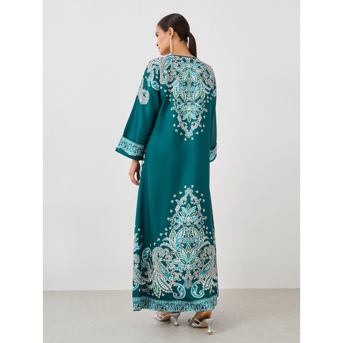 Amirah X Styli Paisley Placement Print Round Neck Jalabiya-women-arabicclothing-jalabiyas-image-6