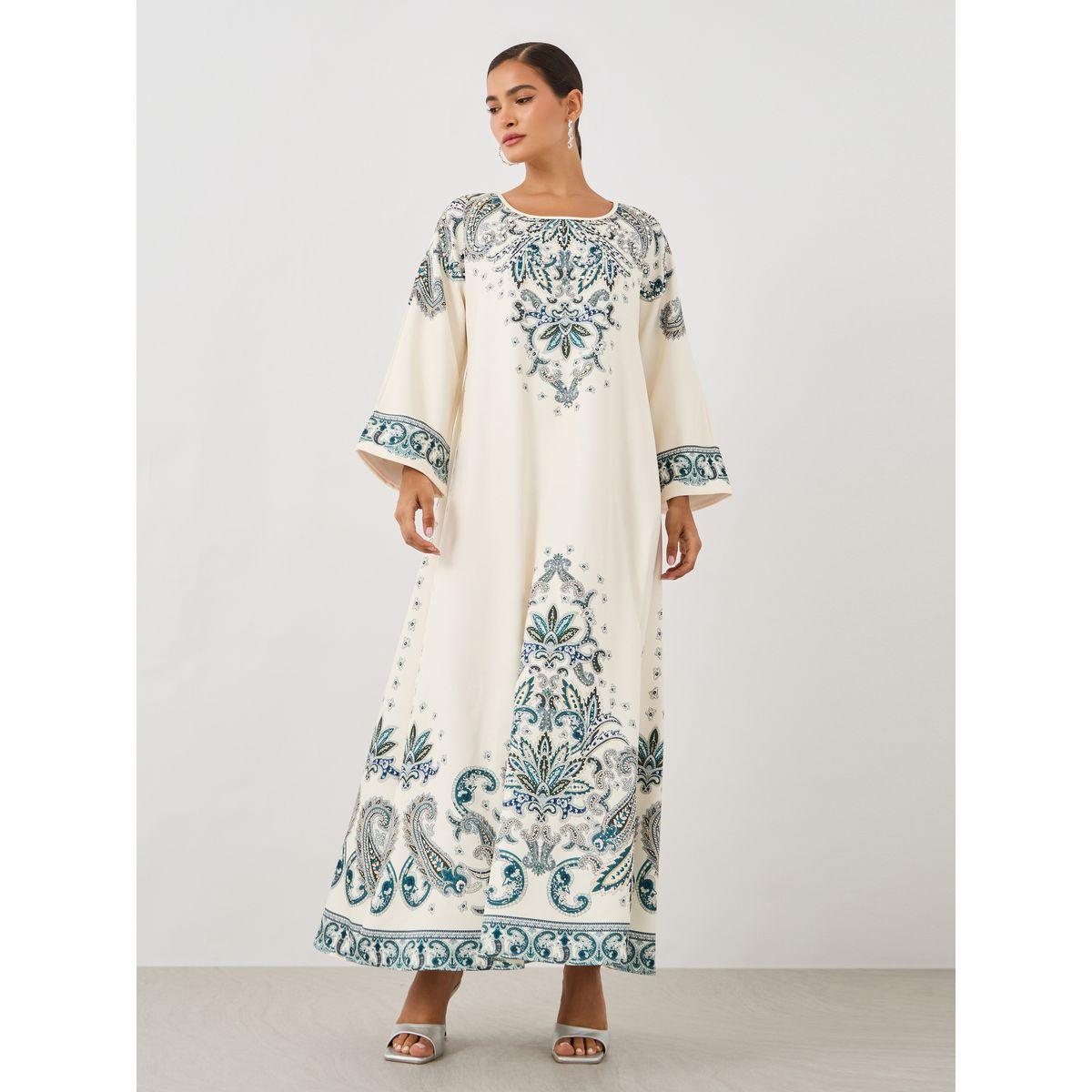 جلابية بطبعة بليسمنت بيزلي مع ياقة دائرية-women-arabicclothing-jalabiyas-image-1