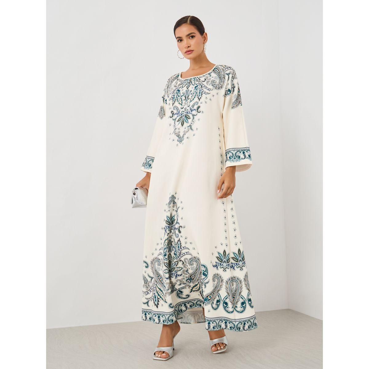 جلابية بطبعة بليسمنت بيزلي مع ياقة دائرية-women-arabicclothing-jalabiyas-image-2