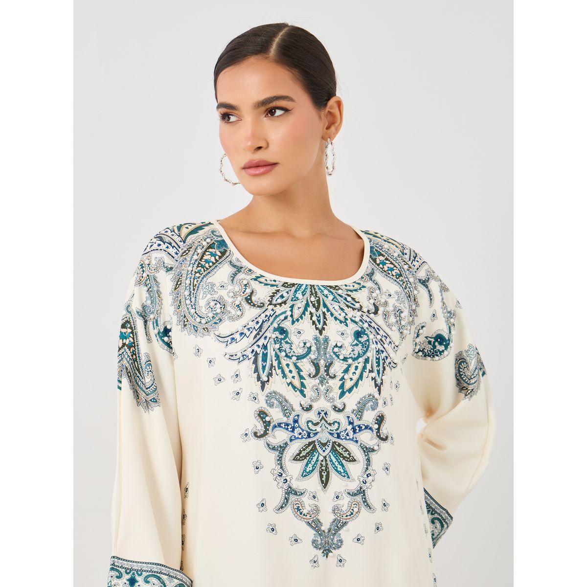 Styli Paisley Placement Print Round Neck Jalabiya-women-arabicclothing-jalabiyas-image-4
