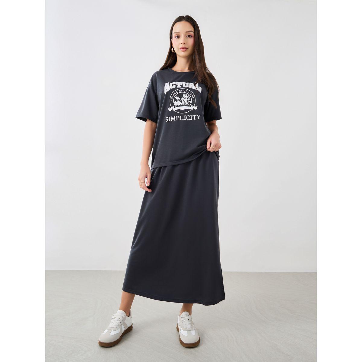 Styli Graphic Print Round Neck T-Shirt and Skirt Co-Ords-women-clothing-coordsets-image-1