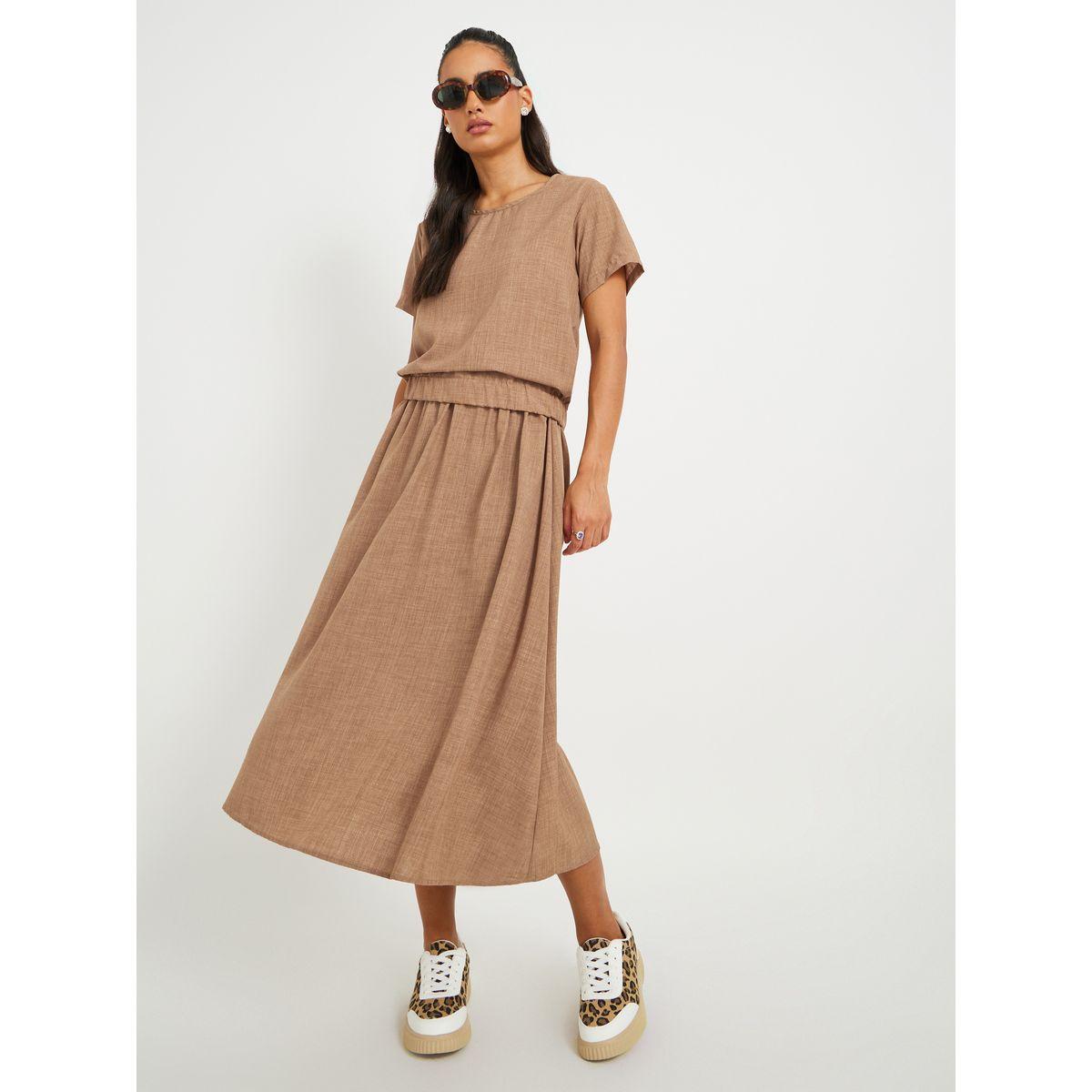 Styli Solid Short Sleeve Top and Midi Skirt Co-Ords-women-clothing-coordsets-image-1