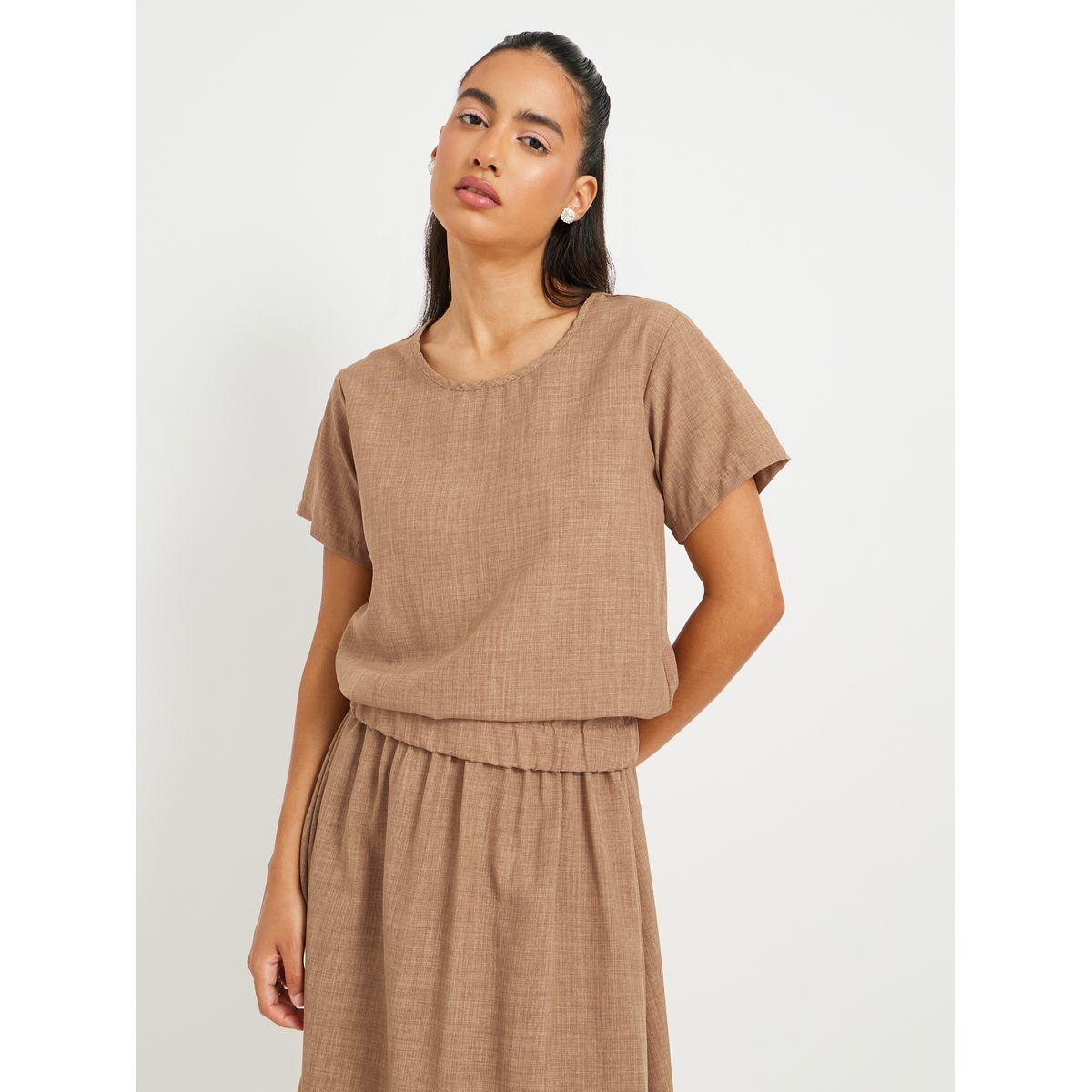 Styli Solid Short Sleeve Top and Midi Skirt Co-Ords-women-clothing-coordsets-image-2