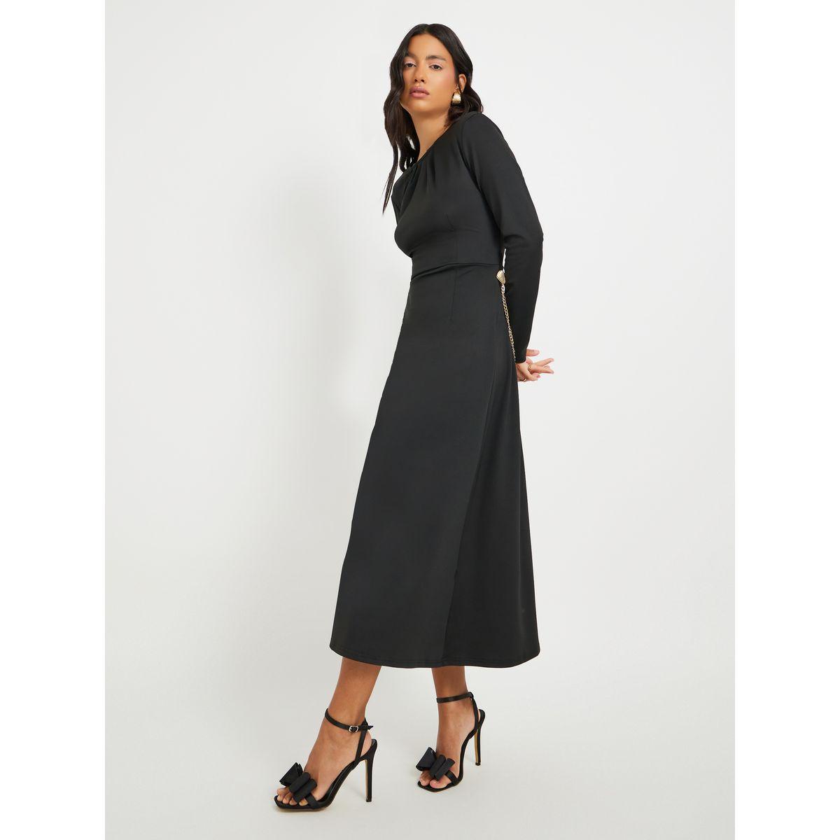 فستان ميدي سادة بحافة واسعة وأكمام طويلة-women-clothing-dresses-image-1