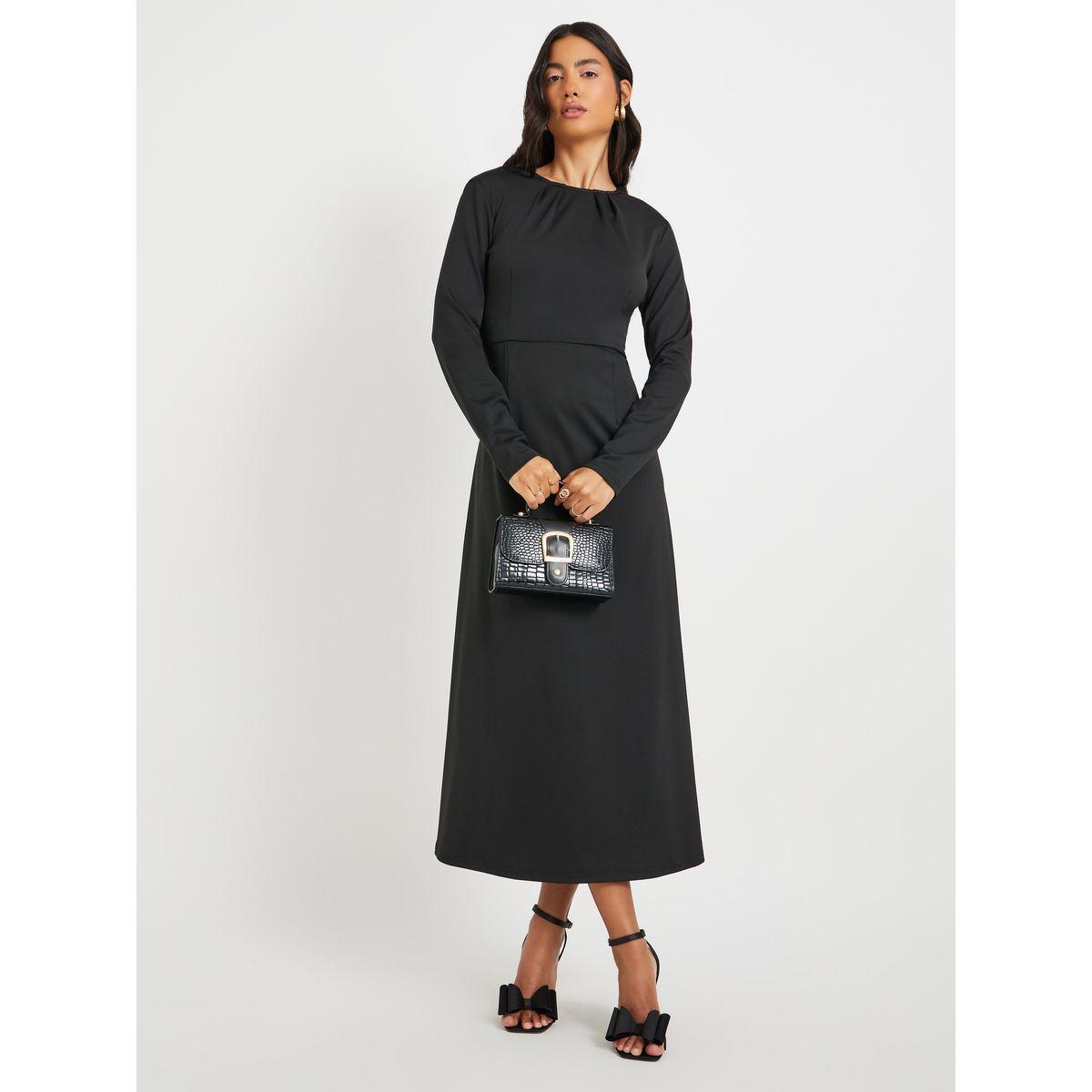 فستان ميدي سادة بحافة واسعة وأكمام طويلة-women-clothing-dresses-image-2