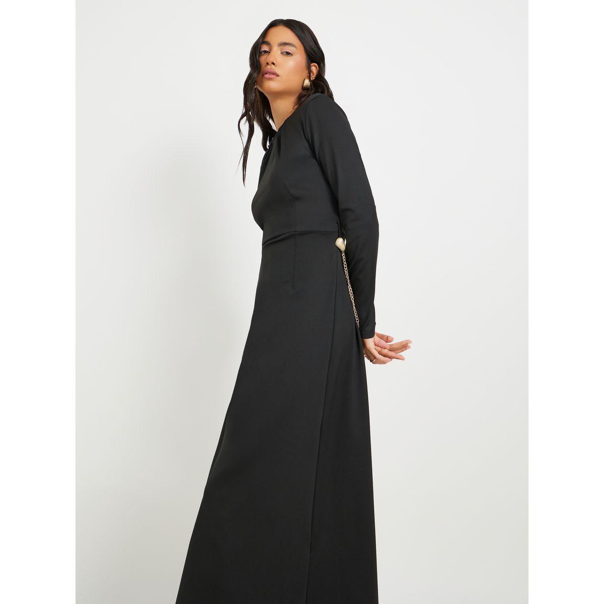 فستان ميدي سادة بحافة واسعة وأكمام طويلة-women-clothing-dresses-image-3