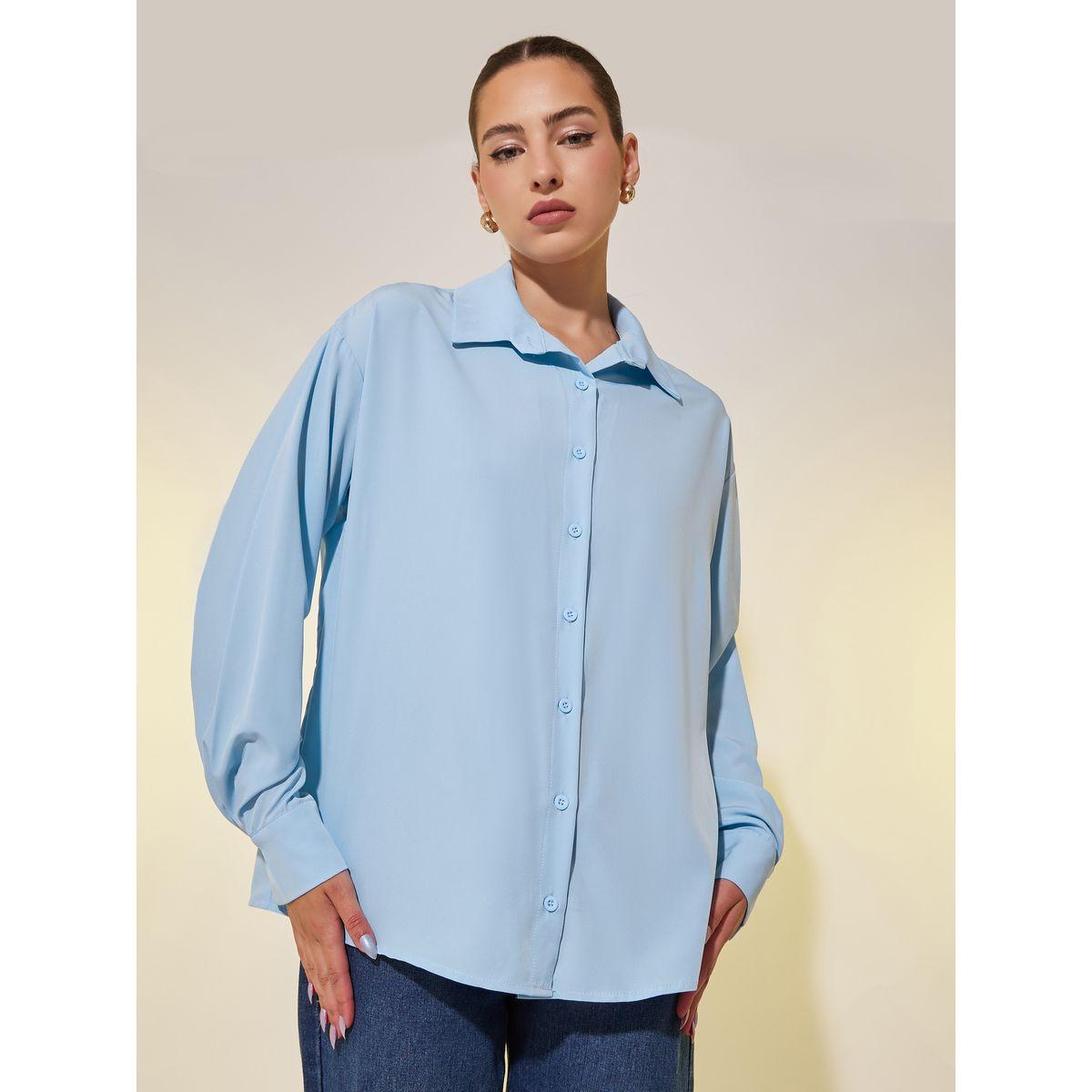 Styli Solid Spread Collar Oversized Shirt-women-clothing-shirtsandblouses-shirts-image-1