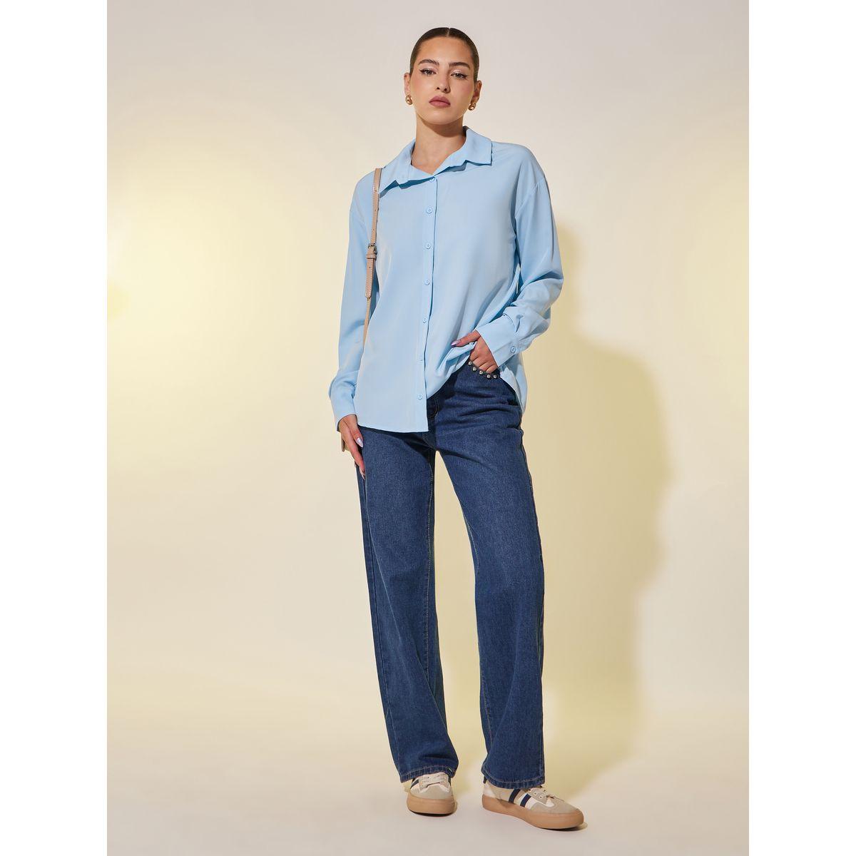 Styli Solid Spread Collar Oversized Shirt-women-clothing-shirtsandblouses-shirts-image-2