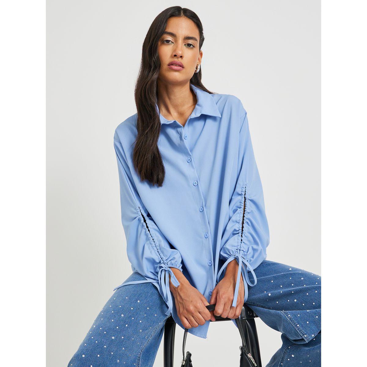Styli Solid Drawstring Sleeve Cuffs Oversized Shirts-women-clothing-shirtsandblouses-shirts-image-1