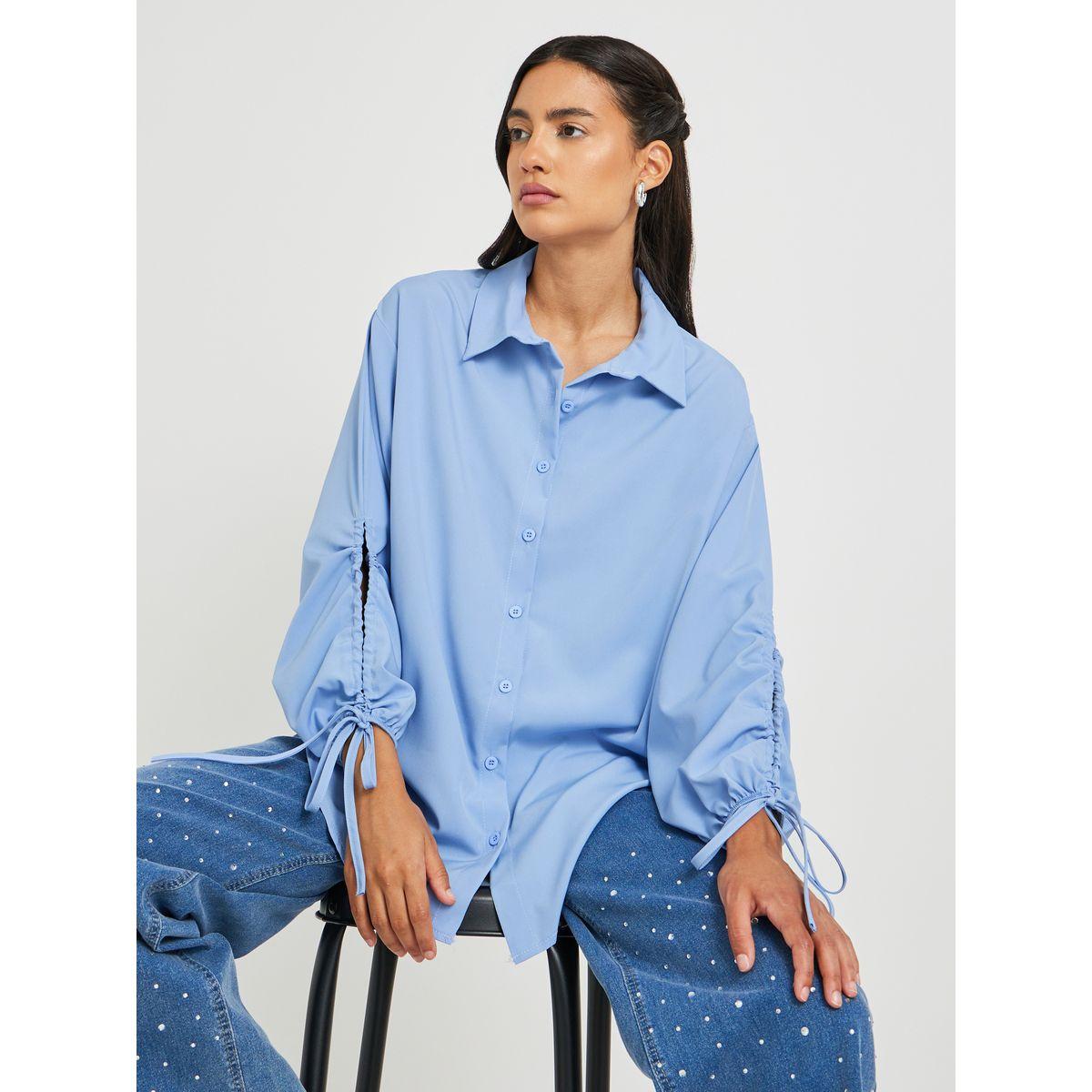 Styli Solid Drawstring Sleeve Cuffs Oversized Shirts-women-clothing-shirtsandblouses-shirts-image-2