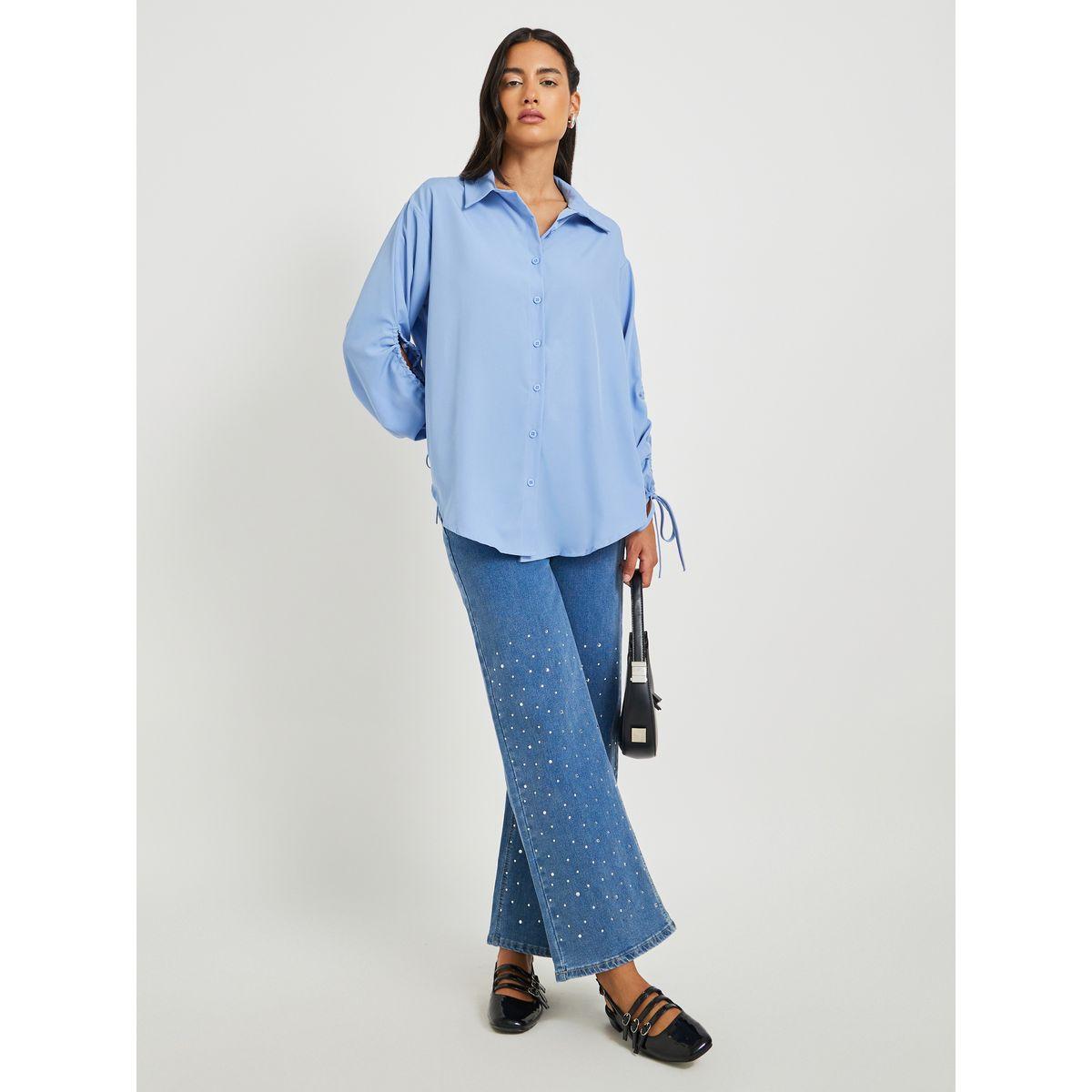 Styli Solid Drawstring Sleeve Cuffs Oversized Shirts-women-clothing-shirtsandblouses-shirts-image-3