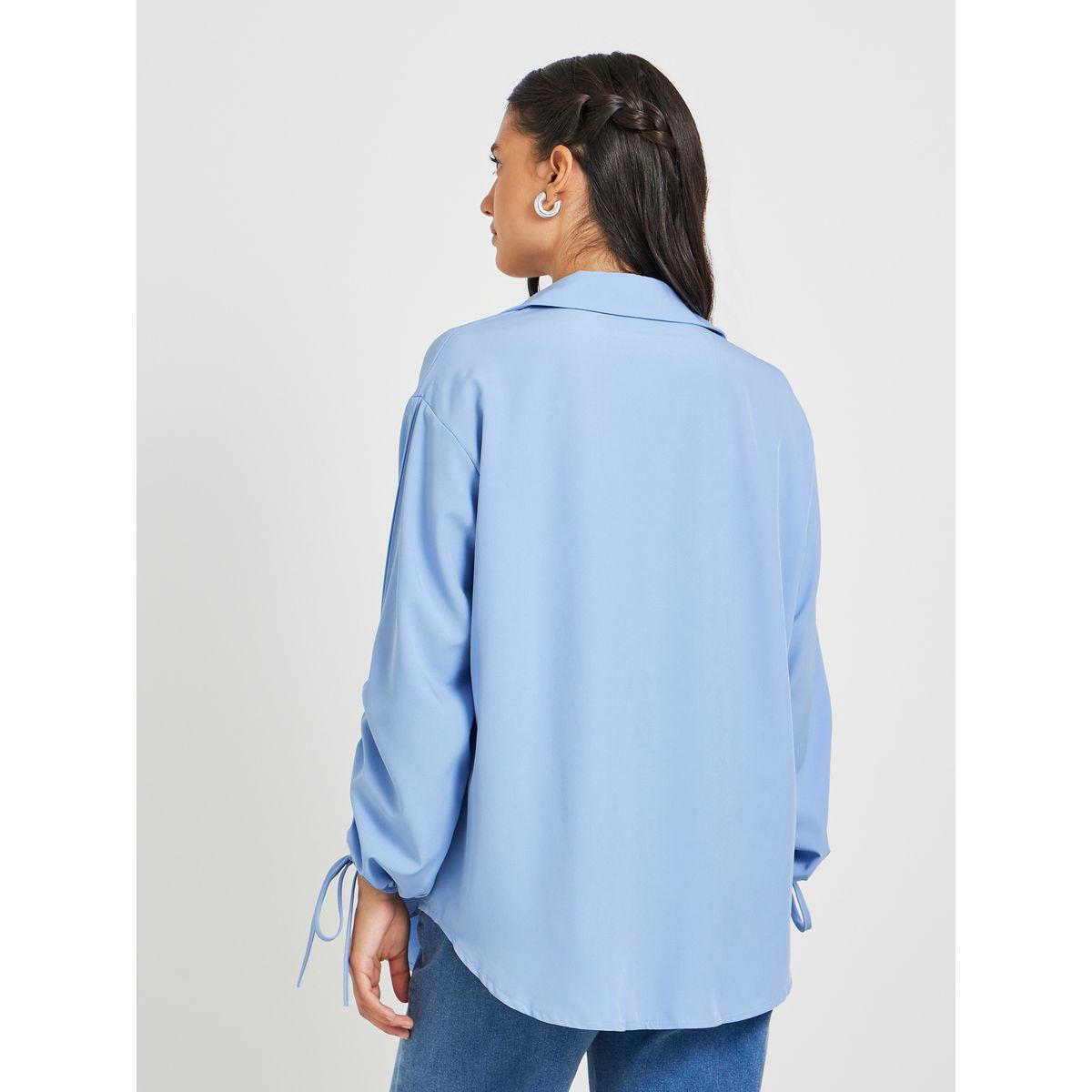 Styli Solid Drawstring Sleeve Cuffs Oversized Shirts-women-clothing-shirtsandblouses-shirts-image-5