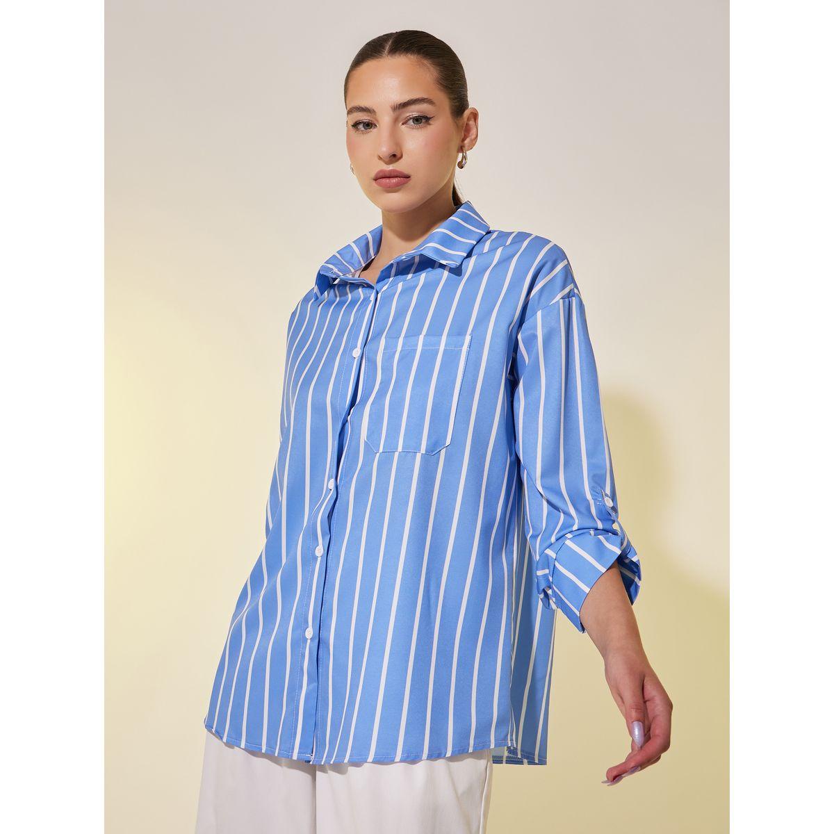 Styli Striped Spread Collar Oversized Shirt-women-clothing-shirtsandblouses-shirts-image-1