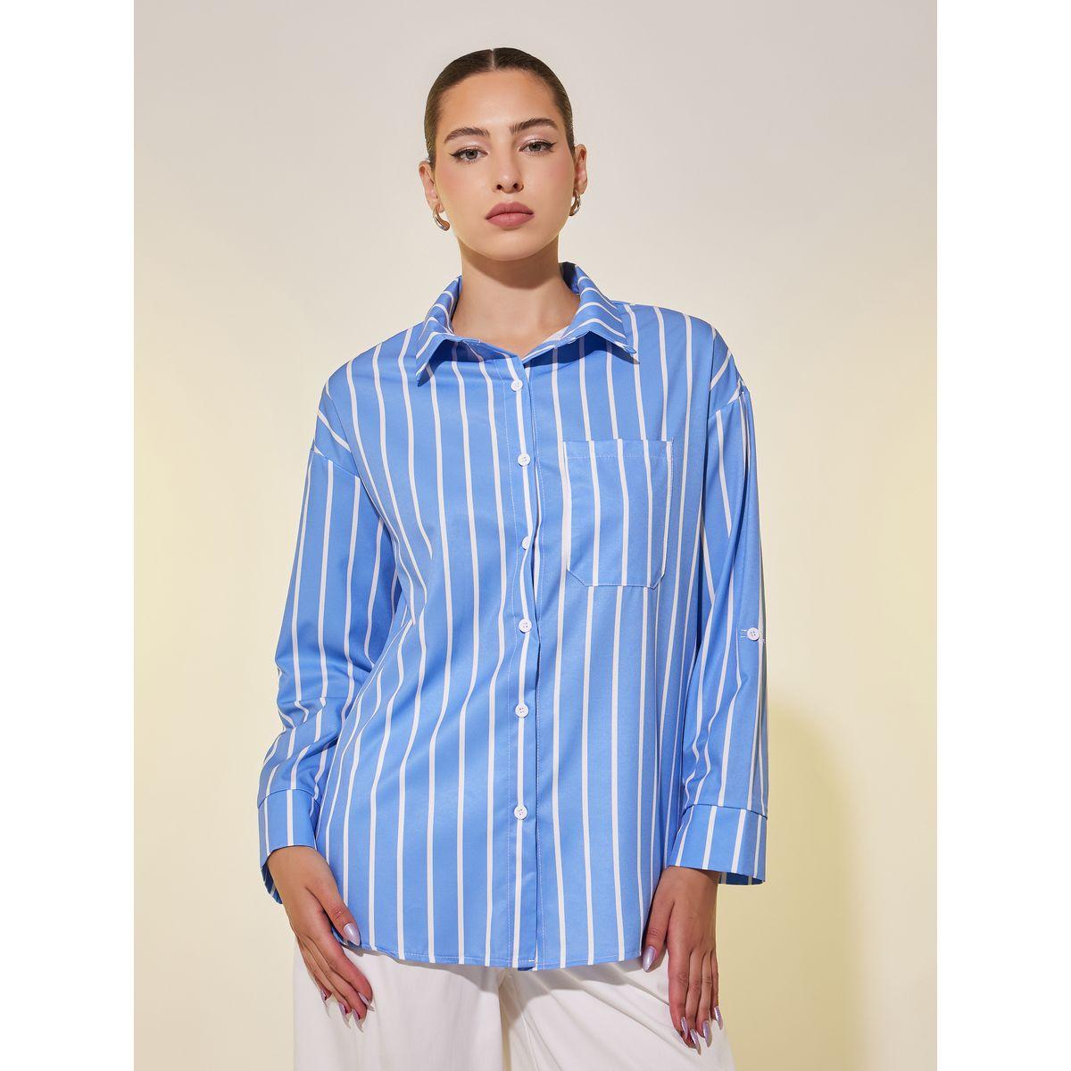بلوزة فضفاضة مخططة بياقة سبريد-women-clothing-shirtsandblouses-shirts-image-2