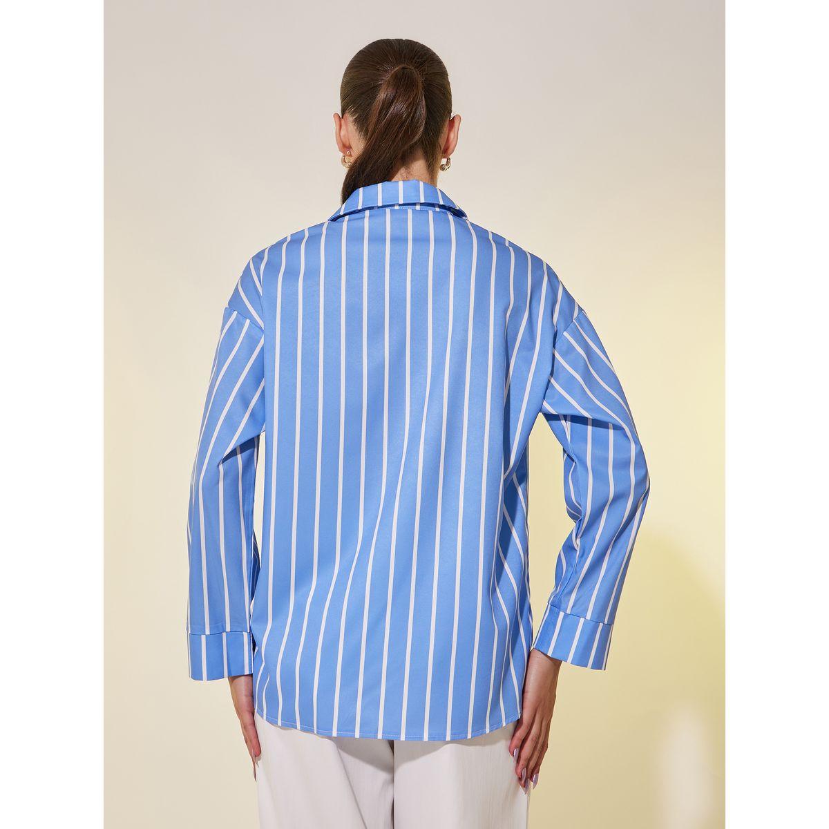 بلوزة فضفاضة مخططة بياقة سبريد-women-clothing-shirtsandblouses-shirts-image-5