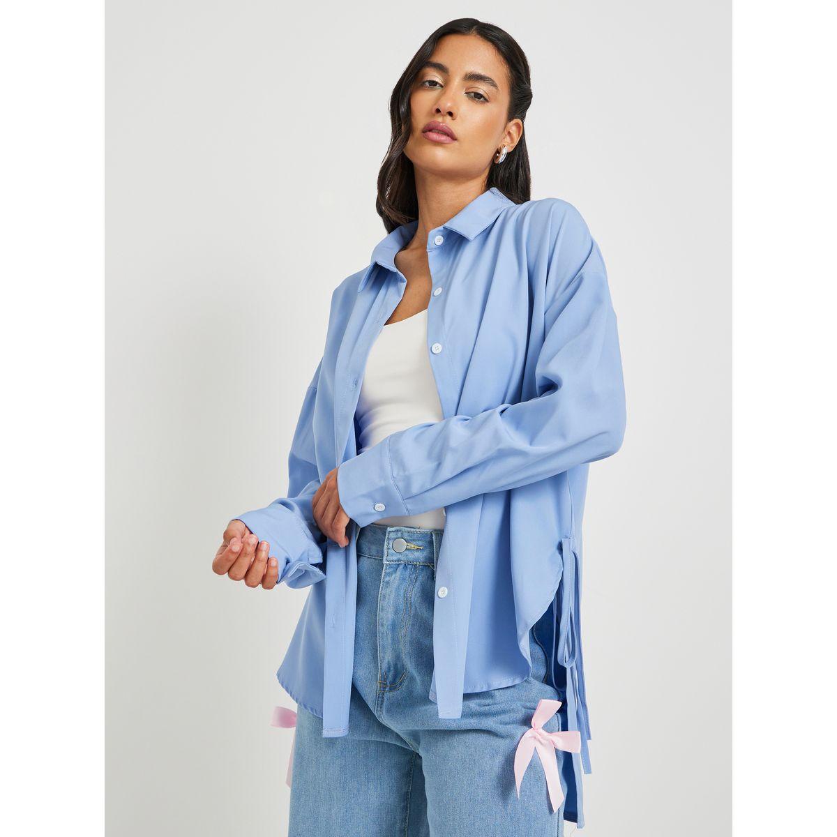 Styli Solid Asymmetric Hem Oversized Shirt with Tie-Up Details-women-clothing-shirtsandblouses-shirts-image-1
