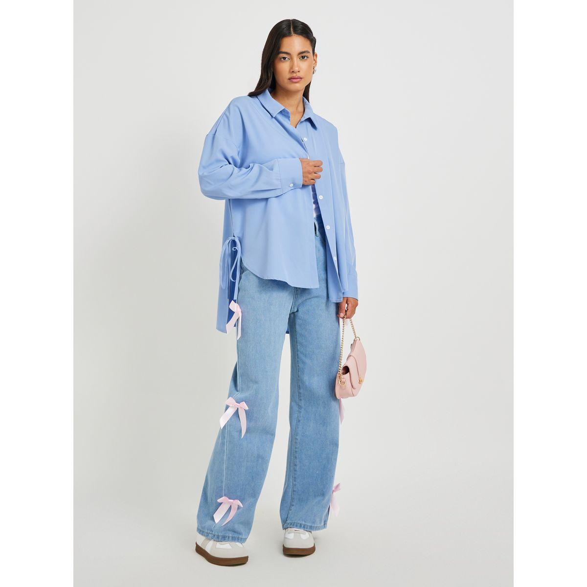 Styli Solid Asymmetric Hem Oversized Shirt with Tie-Up Details-women-clothing-shirtsandblouses-shirts-image-2