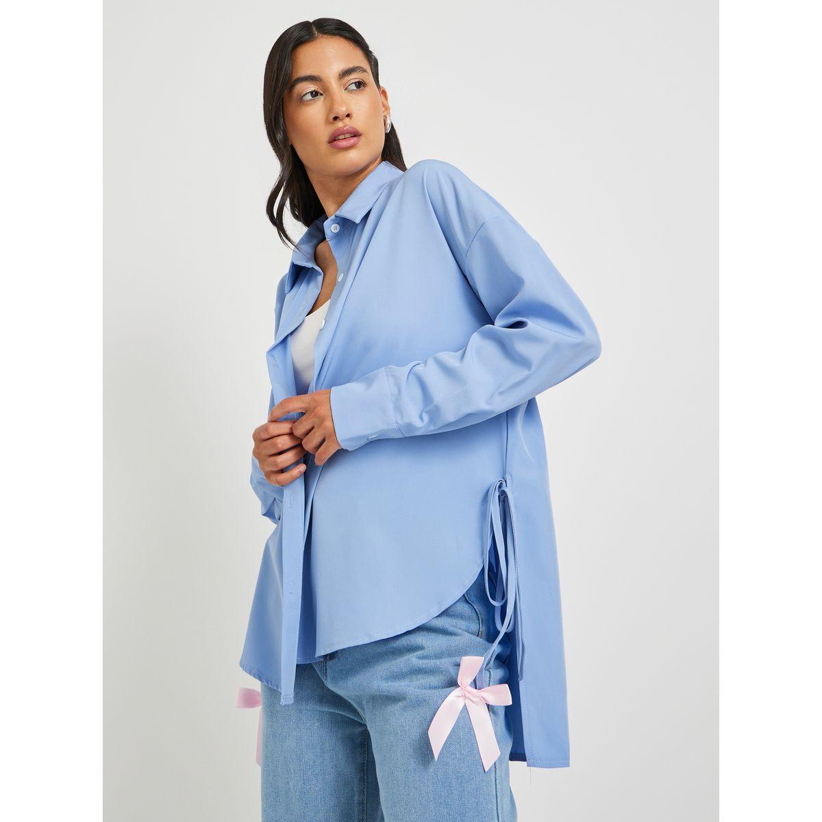 Styli Solid Asymmetric Hem Oversized Shirt with Tie-Up Details-women-clothing-shirtsandblouses-shirts-image-3