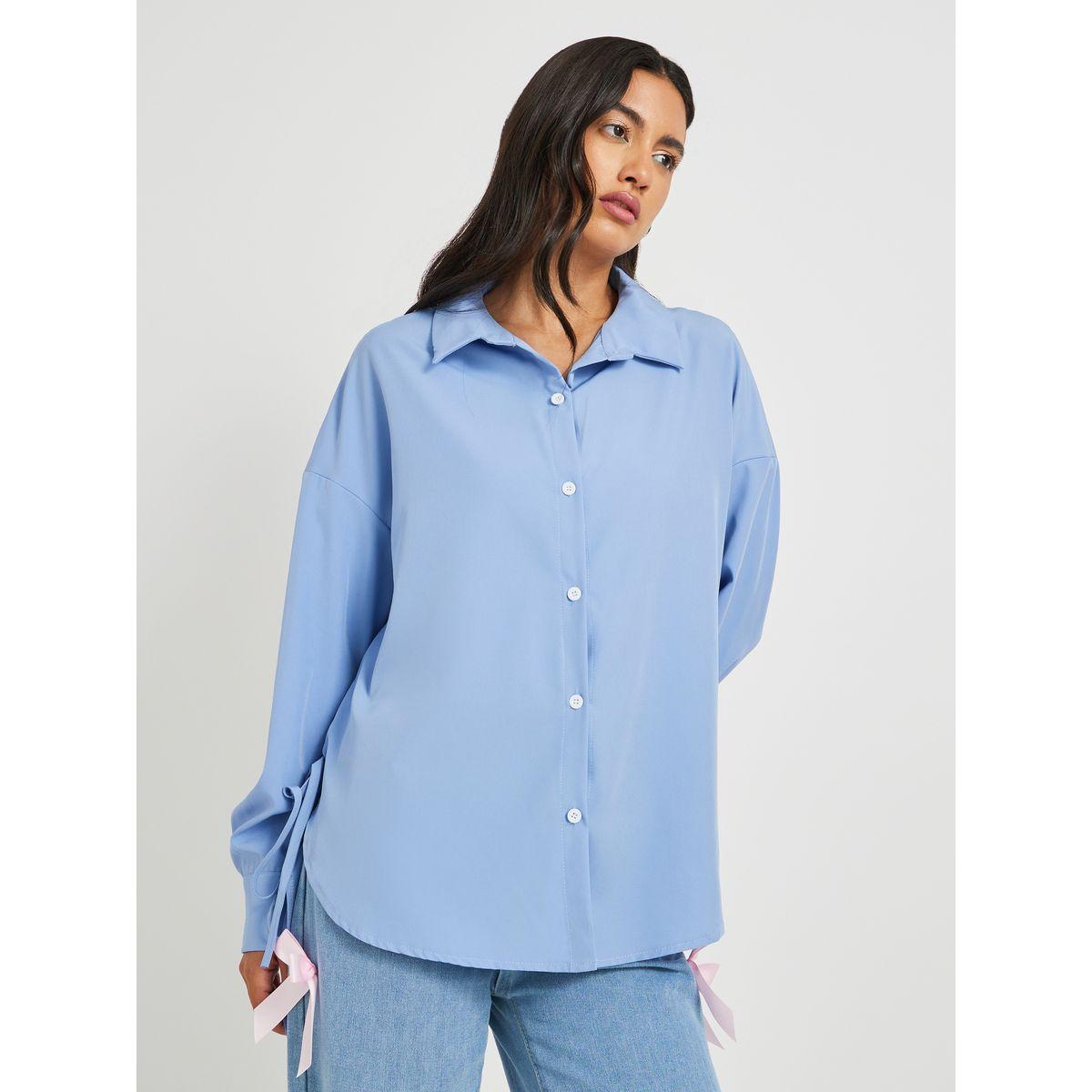 Styli Solid Asymmetric Hem Oversized Shirt with Tie-Up Details-women-clothing-shirtsandblouses-shirts-image-4