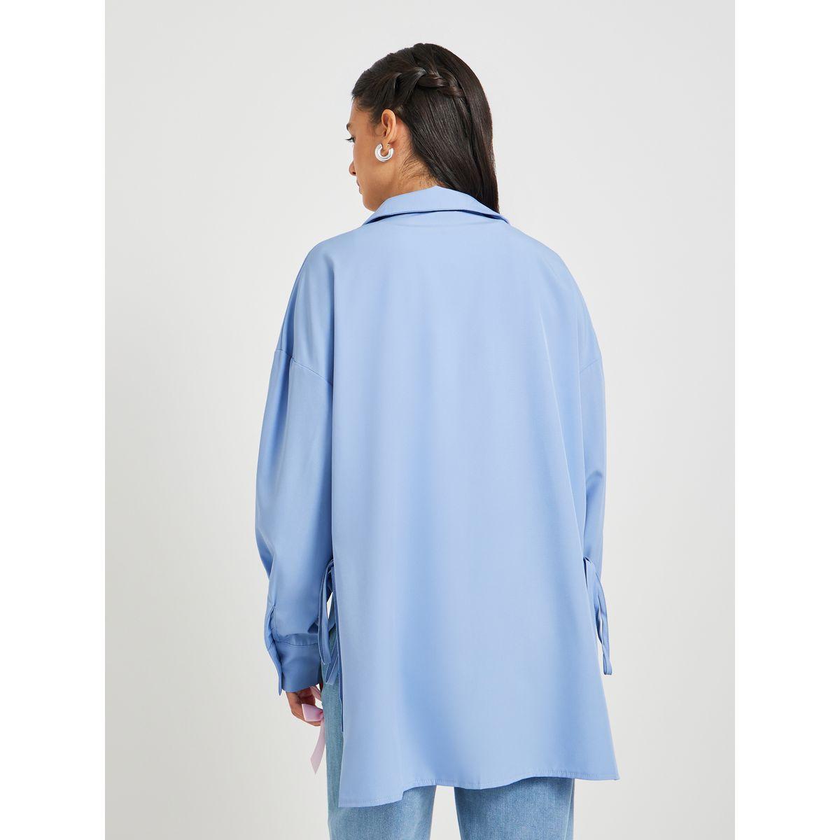 Styli Solid Asymmetric Hem Oversized Shirt with Tie-Up Details-women-clothing-shirtsandblouses-shirts-image-6