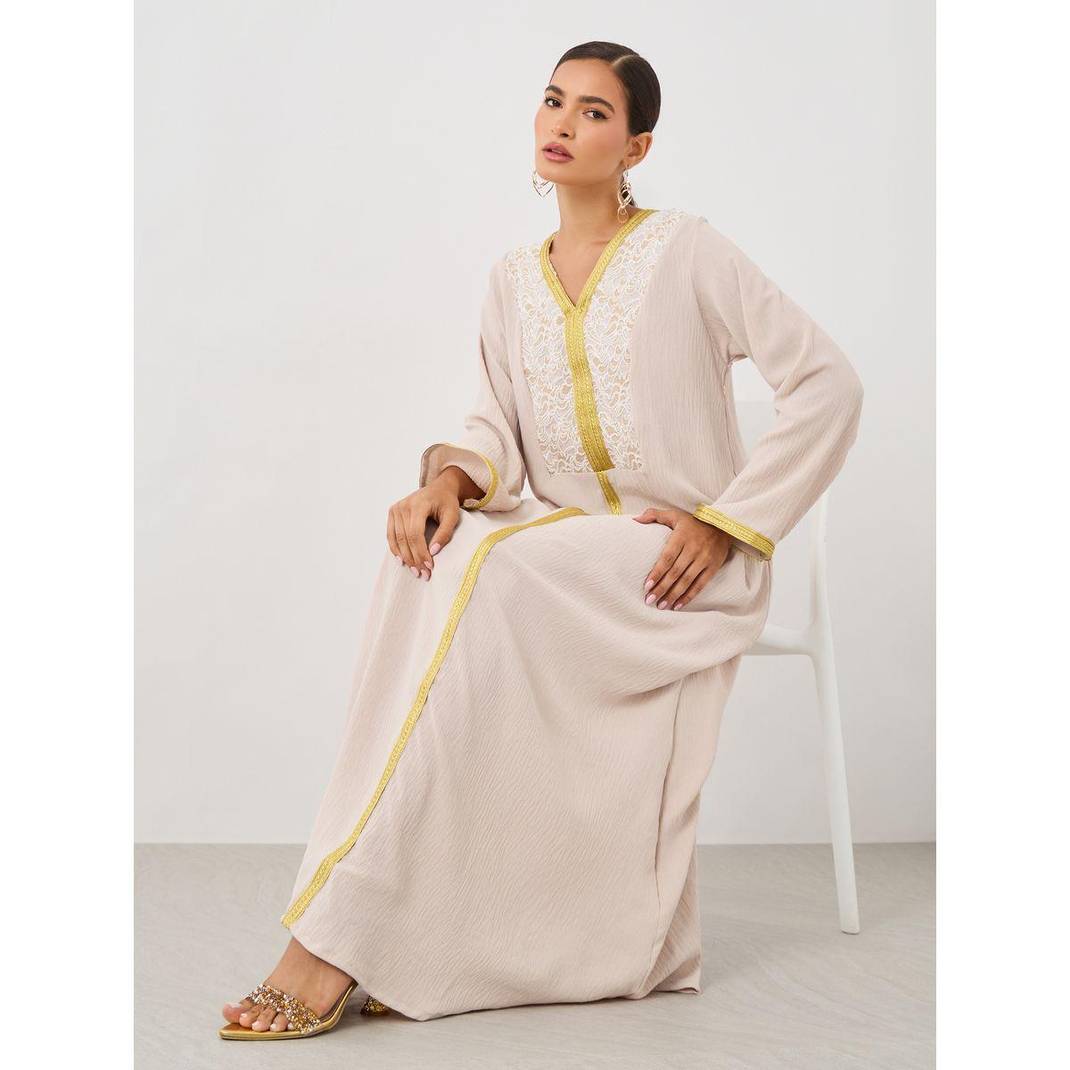 Amirah X Styli Textured Embroidered A-Line Jalabiya with Lace Detail-women-arabicclothing-jalabiyas-image-1