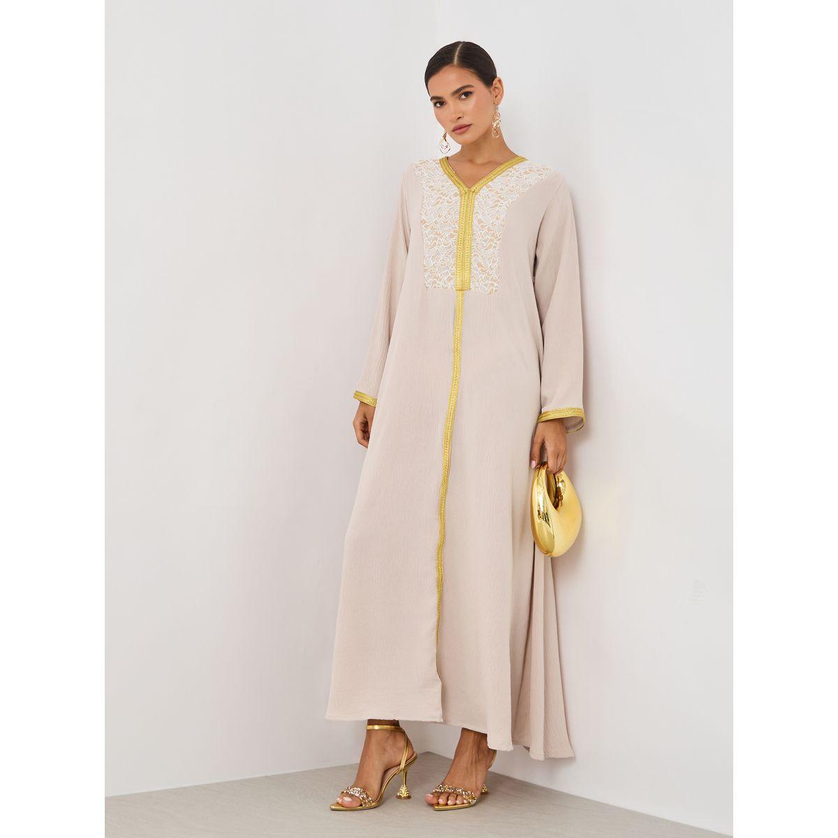 Amirah X Styli Textured Embroidered A-Line Jalabiya with Lace Detail-women-arabicclothing-jalabiyas-image-2